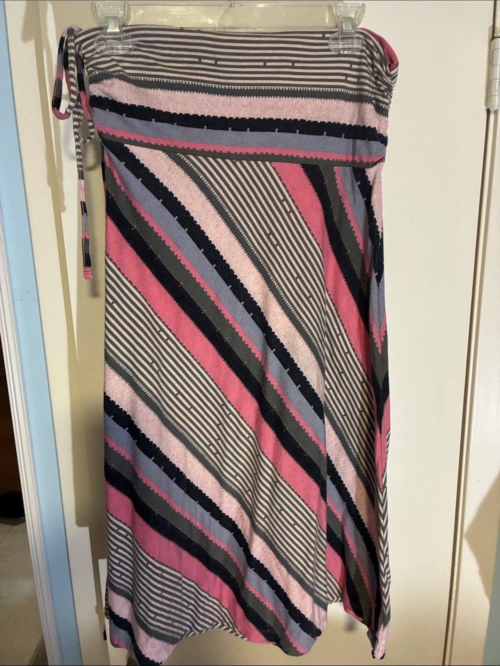 Women’s Striped Midi Skirt in Pink & Gray Multi Colored Asymmetrical Stripes